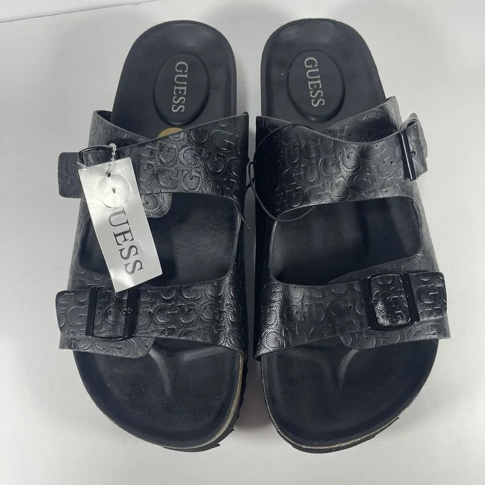 GUESS Men’s Double Strap Slide Sandals Black Logo Embossed Size 12M